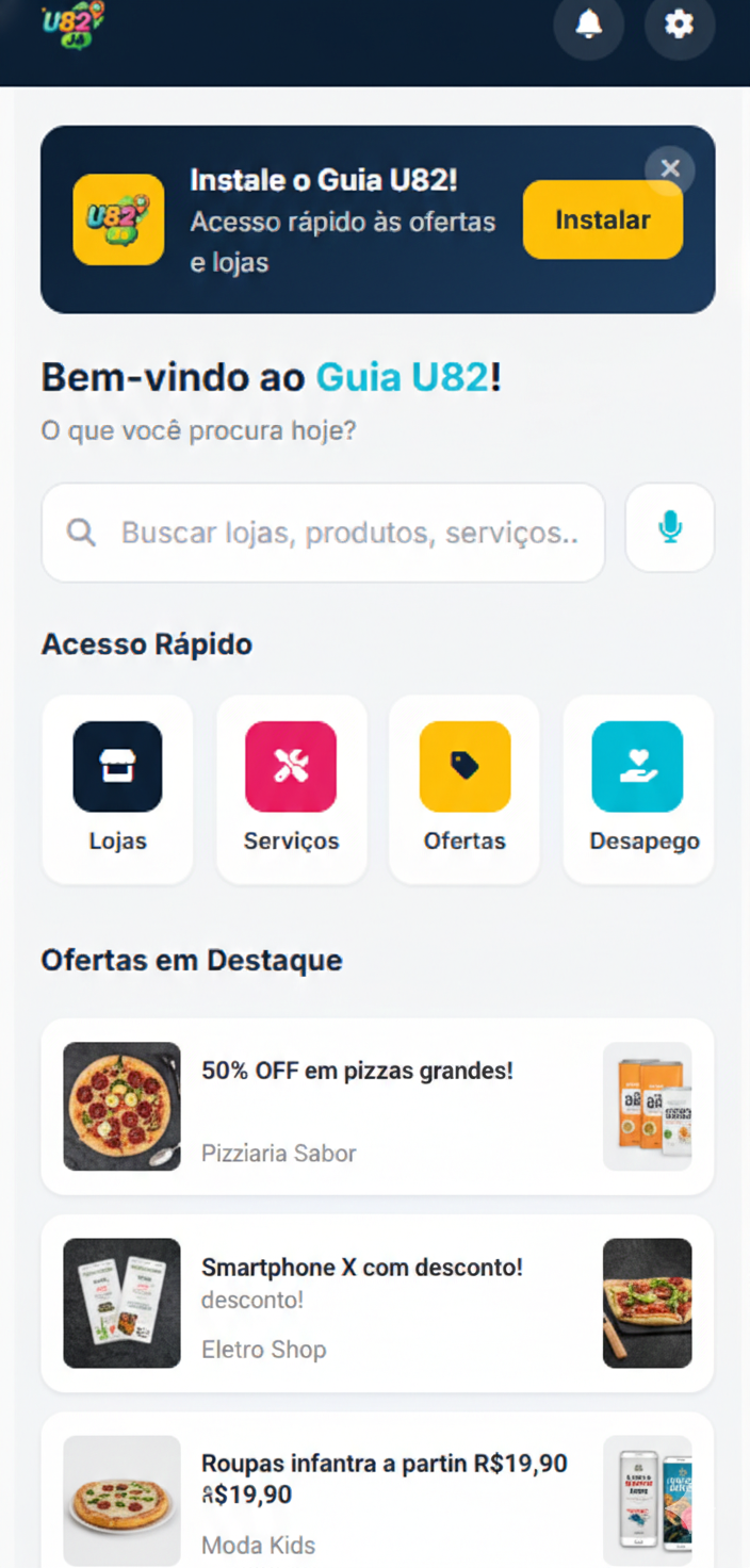Mockup de smartphone mostrando tela inicial do U82 Já com lojas, ofertas e serviços